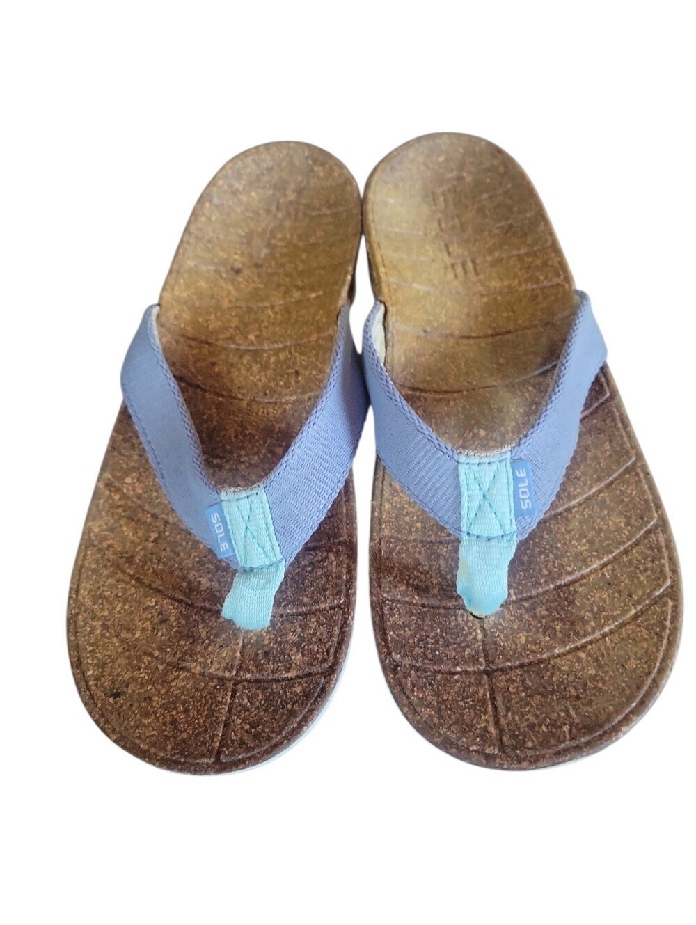 SOLE Women's Blue Strap Cork Footbed Arch Support Beach Thong Flip Flops